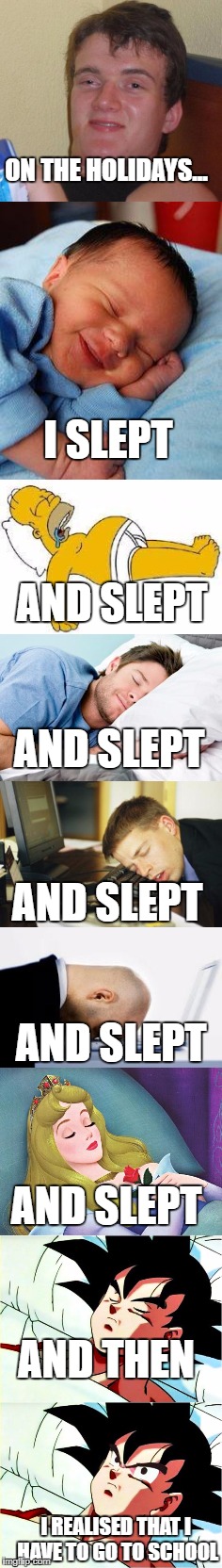 ...and then I slept some more when I got home | ON THE HOLIDAYS... I SLEPT; AND SLEPT; AND SLEPT; AND SLEPT; AND SLEPT; AND SLEPT; AND THEN; I REALISED THAT I HAVE TO GO TO SCHOOL | image tagged in school,10 guy,dank memes,holidays,sleeping,funny | made w/ Imgflip meme maker