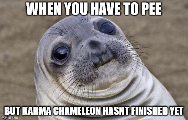 Awkward Moment Sealion | WHEN YOU HAVE TO PEE; BUT KARMA CHAMELEON HASNT FINISHED YET | image tagged in memes,awkward moment sealion | made w/ Imgflip meme maker