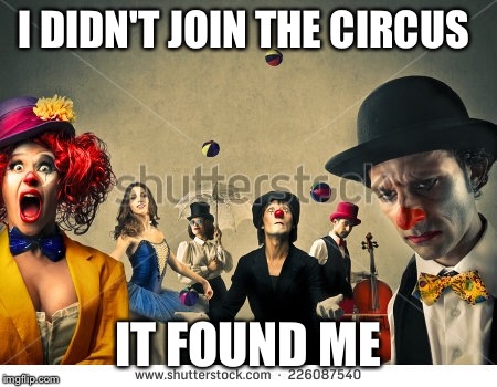 Life | I DIDN'T JOIN THE CIRCUS; IT FOUND ME | image tagged in life sucks | made w/ Imgflip meme maker