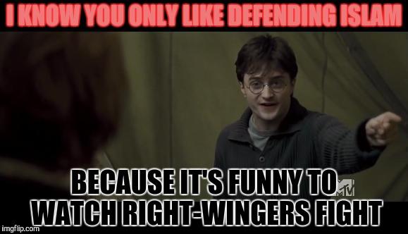 Left Wingers Include Islam because... | I KNOW YOU ONLY LIKE DEFENDING ISLAM; BECAUSE IT'S FUNNY TO WATCH RIGHT-WINGERS FIGHT | image tagged in harry potter insulting ron weasley,islamophobia,right wing,religion,professor snape,serious jesus | made w/ Imgflip meme maker