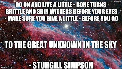 Cosmos | GO ON AND LIVE A LITTLE - BONE TURNS BRITTLE AND SKIN WITHERS BEFORE YOUR EYES - MAKE SURE YOU GIVE A LITTLE - BEFORE YOU GO; TO THE GREAT UNKNOWN IN THE SKY; - STURGILL SIMPSON | image tagged in cosmos | made w/ Imgflip meme maker