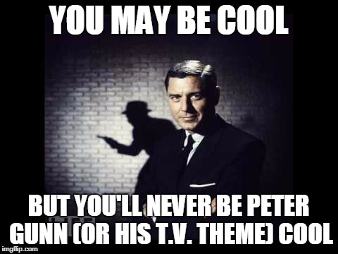 YOU MAY BE COOL; BUT YOU'LL NEVER BE PETER GUNN (OR HIS T.V. THEME) COOL | image tagged in peter gunn,cool | made w/ Imgflip meme maker