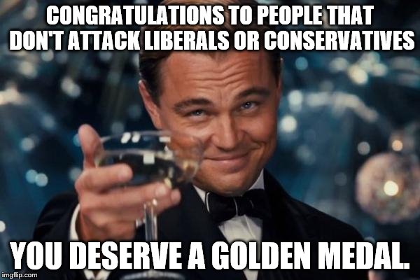 Leonardo Dicaprio Cheers | CONGRATULATIONS TO PEOPLE THAT DON'T ATTACK LIBERALS OR CONSERVATIVES; YOU DESERVE A GOLDEN MEDAL. | image tagged in memes,leonardo dicaprio cheers | made w/ Imgflip meme maker