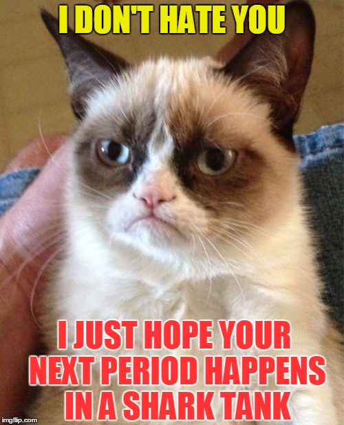 Let's say it in a more diplomatic way: | I DON'T HATE YOU; I JUST HOPE YOUR NEXT PERIOD HAPPENS IN A SHARK TANK | image tagged in memes,grumpy cat,funny,animals,cats | made w/ Imgflip meme maker