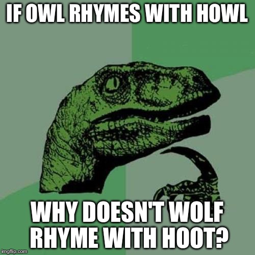 Philosoraptor | IF OWL RHYMES WITH HOWL; WHY DOESN'T WOLF RHYME WITH HOOT? | image tagged in memes,philosoraptor | made w/ Imgflip meme maker