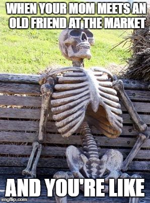 Man, I HATE when that happens | WHEN YOUR MOM MEETS AN OLD FRIEND AT THE MARKET; AND YOU'RE LIKE | image tagged in memes,waiting skeleton,moms | made w/ Imgflip meme maker