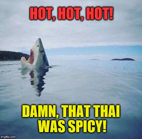 Be careful what you eat |  HOT, HOT, HOT! DAMN, THAT THAI WAS SPICY! | image tagged in shark_head_out_of_water,spicy food,memes,shark week | made w/ Imgflip meme maker