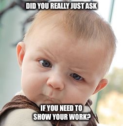 Skeptical Baby Meme | DID YOU REALLY JUST ASK; IF YOU NEED TO SHOW YOUR WORK? | image tagged in memes,skeptical baby | made w/ Imgflip meme maker