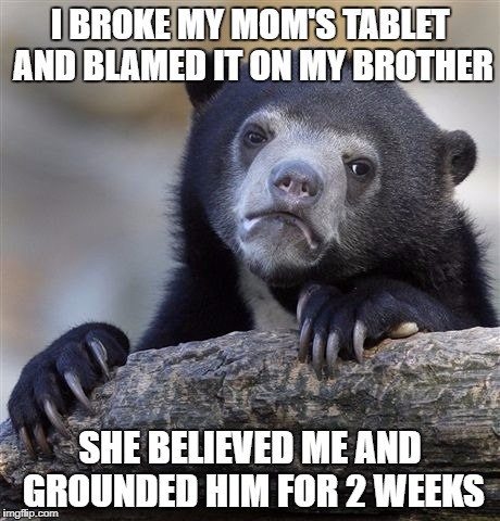 Confession Bear | I BROKE MY MOM'S TABLET AND BLAMED IT ON MY BROTHER; SHE BELIEVED ME AND GROUNDED HIM FOR 2 WEEKS | image tagged in memes,confession bear | made w/ Imgflip meme maker