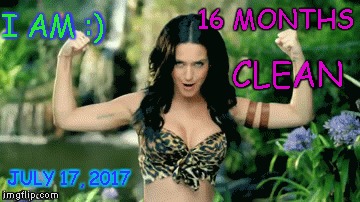 o | I AM :); 16 MONTHS; CLEAN; JULY 17, 2017 | image tagged in katy perry | made w/ Imgflip meme maker