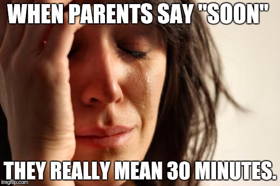 First World Problems Meme | WHEN PARENTS SAY "SOON"; THEY REALLY MEAN 30 MINUTES. | image tagged in memes,first world problems | made w/ Imgflip meme maker