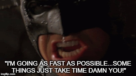 "I'M GOING AS FAST AS POSSIBLE...SOME THINGS JUST TAKE TIME DAMN YOU!" | image tagged in batman | made w/ Imgflip meme maker