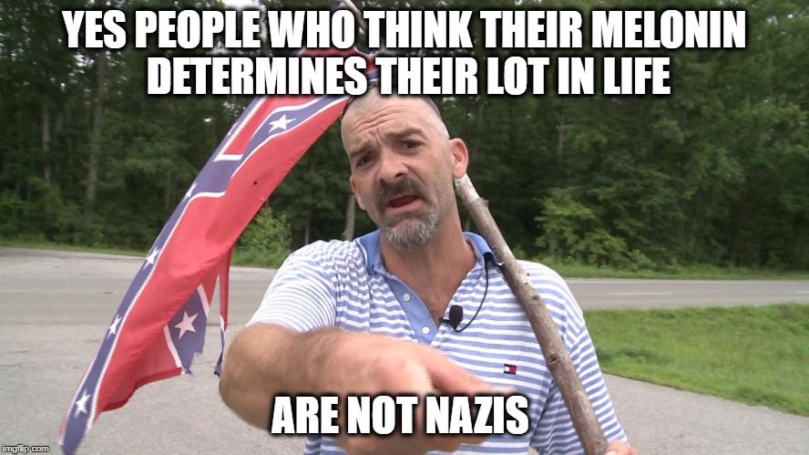 Confed dude | YES PEOPLE WHO THINK THEIR MELONIN DETERMINES THEIR LOT IN LIFE ARE NOT NAZIS | image tagged in confed dude | made w/ Imgflip meme maker