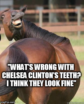 horses ass | "WHAT'S WRONG WITH CHELSEA CLINTON'S TEETH? I THINK THEY LOOK FINE" | image tagged in horses ass | made w/ Imgflip meme maker
