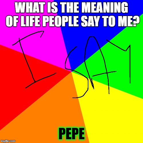 Blank Colored Background Meme | WHAT IS THE MEANING OF LIFE PEOPLE SAY TO ME? PEPE | image tagged in memes,blank colored background | made w/ Imgflip meme maker