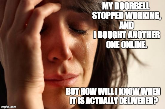 First World Problems Meme | MY DOORBELL STOPPED WORKING, AND I BOUGHT ANOTHER ONE ONLINE. BUT HOW WILL I KNOW WHEN IT IS ACTUALLY DELIVERED? | image tagged in memes,first world problems | made w/ Imgflip meme maker