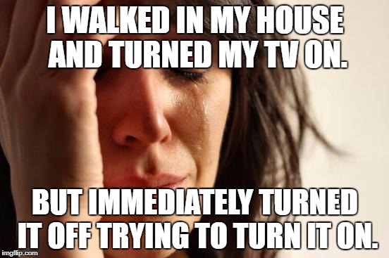 Me Being Me | I WALKED IN MY HOUSE AND TURNED MY TV ON. BUT IMMEDIATELY TURNED IT OFF TRYING TO TURN IT ON. | image tagged in memes,first world problems | made w/ Imgflip meme maker
