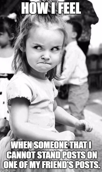 Angry Toddler Meme | HOW I FEEL; WHEN SOMEONE THAT I CANNOT STAND POSTS ON ONE OF MY FRIEND'S POSTS. | image tagged in memes,angry toddler | made w/ Imgflip meme maker