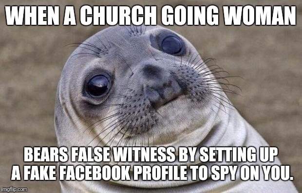 Awkward Moment Sealion Meme | WHEN A CHURCH GOING WOMAN; BEARS FALSE WITNESS BY SETTING UP A FAKE FACEBOOK PROFILE TO SPY ON YOU. | image tagged in memes,awkward moment sealion | made w/ Imgflip meme maker