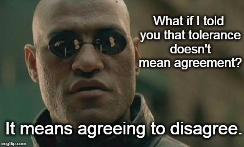 Matrix Morpheus | What if I told you that tolerance doesn't mean agreement? It means agreeing to disagree. | image tagged in memes,matrix morpheus,tolerance,intolerant,intolerance,lgbt | made w/ Imgflip meme maker