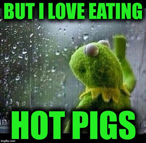 BUT I LOVE EATING HOT PIGS | image tagged in memes,sad kermit,funny | made w/ Imgflip meme maker