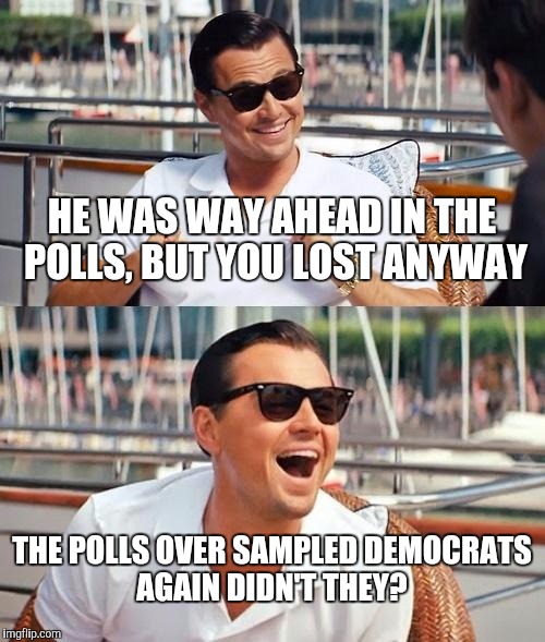 Leonardo Dicaprio Wolf Of Wall Street Meme | HE WAS WAY AHEAD IN THE POLLS, BUT YOU LOST ANYWAY; THE POLLS OVER SAMPLED DEMOCRATS AGAIN DIDN'T THEY? | image tagged in memes,leonardo dicaprio wolf of wall street | made w/ Imgflip meme maker
