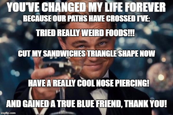 Leonardo Dicaprio Cheers | YOU'VE CHANGED MY LIFE FOREVER; BECAUSE OUR PATHS HAVE CROSSED I'VE:; TRIED REALLY WEIRD FOODS!!! CUT MY SANDWICHES TRIANGLE SHAPE NOW; HAVE A REALLY COOL NOSE PIERCING! AND GAINED A TRUE BLUE FRIEND, THANK YOU! | image tagged in memes,leonardo dicaprio cheers | made w/ Imgflip meme maker