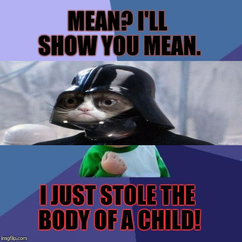 Do you mean to do some meme stealing? Now's the time! Stolen Memes Week July 17-24 an AndrewFinlayson event DarthGrumpcessKid! | MEAN? I'LL SHOW YOU MEAN. I JUST STOLE THE BODY OF A CHILD! | image tagged in memes,success kid,grumpy cat,funny,cats,stolen memes week | made w/ Imgflip meme maker
