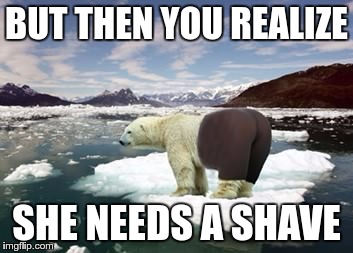 BUT THEN YOU REALIZE SHE NEEDS A SHAVE | image tagged in yoga bear | made w/ Imgflip meme maker