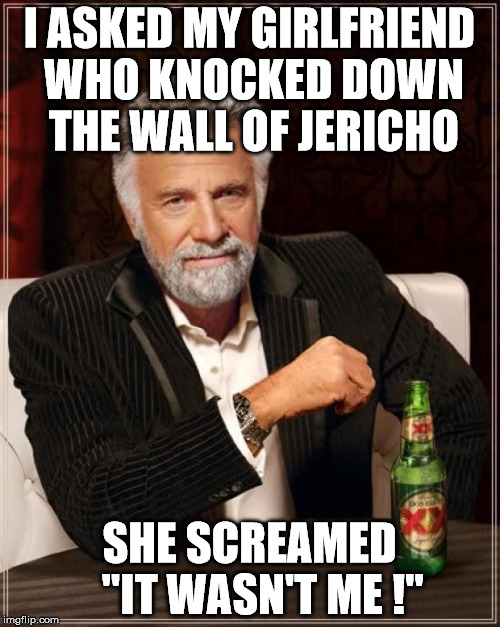 the wall of jericho | I ASKED MY GIRLFRIEND WHO KNOCKED DOWN THE WALL OF JERICHO; SHE SCREAMED   "IT WASN'T ME !" | image tagged in memes,the most interesting man in the world,bible | made w/ Imgflip meme maker