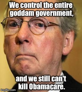 Obamacare | We control the entire goddam government, and we still can't kill Obamacare. | image tagged in mitch mcconnell | made w/ Imgflip meme maker