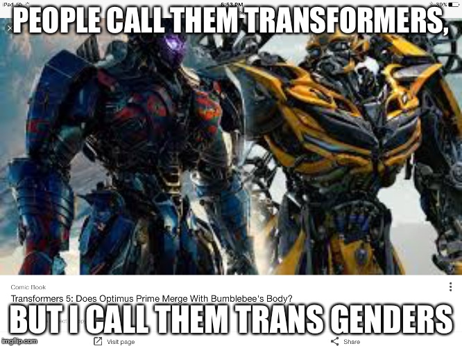 Transformers meme | PEOPLE CALL THEM TRANSFORMERS, BUT I CALL THEM TRANS GENDERS | image tagged in transformers | made w/ Imgflip meme maker