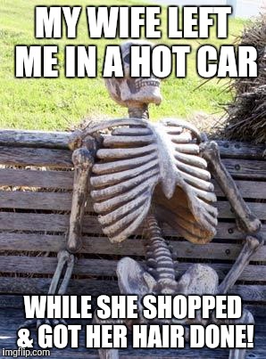 Waiting Skeleton Meme | MY WIFE LEFT ME IN A HOT CAR; WHILE SHE SHOPPED & GOT HER HAIR DONE! | image tagged in memes,waiting skeleton | made w/ Imgflip meme maker