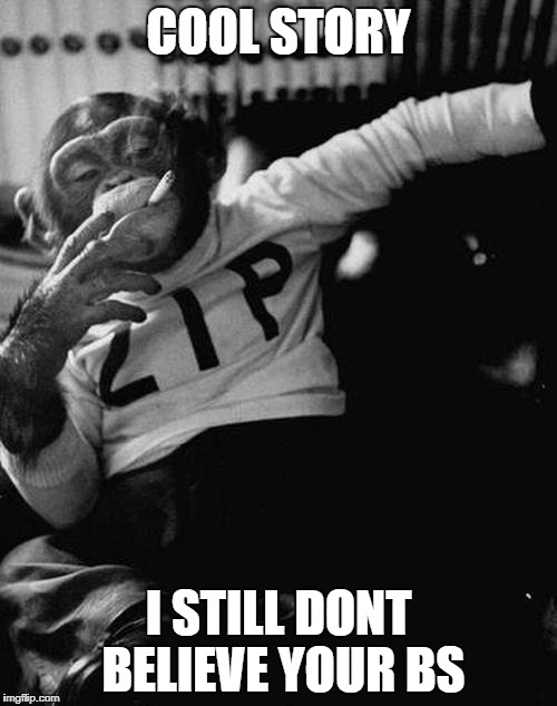 smoking monkey  | COOL STORY; I STILL DONT BELIEVE YOUR BS | image tagged in smoking monkey | made w/ Imgflip meme maker