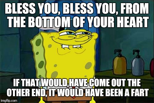 Squidward burp | BLESS YOU, BLESS YOU, FROM THE BOTTOM OF YOUR HEART; IF THAT WOULD HAVE COME OUT THE OTHER END, IT WOULD HAVE BEEN A FART | image tagged in memes,dont you squidward | made w/ Imgflip meme maker