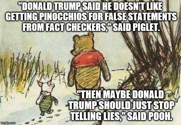 Pooh Piglet | "DONALD TRUMP SAID HE DOESN'T LIKE GETTING PINOCCHIOS FOR FALSE STATEMENTS FROM FACT CHECKERS," SAID PIGLET. "THEN MAYBE DONALD TRUMP SHOULD JUST STOP TELLING LIES," SAID POOH. | image tagged in pooh piglet | made w/ Imgflip meme maker