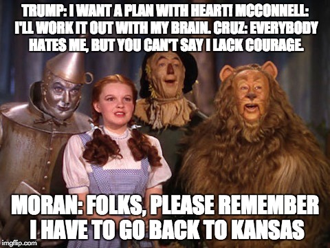 TRUMP: I WANT A PLAN WITH HEART! MCCONNELL: I'LL WORK IT OUT WITH MY BRAIN. CRUZ: EVERYBODY HATES ME, BUT YOU CAN'T SAY I LACK COURAGE. MORAN: FOLKS, PLEASE REMEMBER I HAVE TO GO BACK TO KANSAS | made w/ Imgflip meme maker