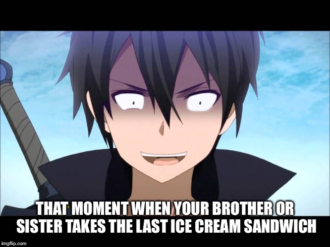 Kiritoo | THAT MOMENT WHEN YOUR BROTHER OR SISTER TAKES THE LAST ICE CREAM SANDWICH | image tagged in kirito,ice cream,siblings | made w/ Imgflip meme maker
