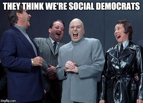 Laughing Villains Meme | THEY THINK WE'RE SOCIAL DEMOCRATS | image tagged in memes,laughing villains | made w/ Imgflip meme maker