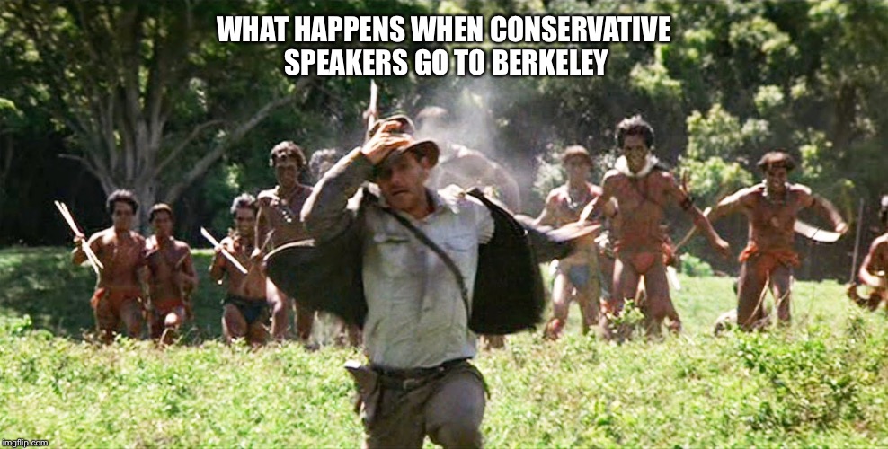 indiana jones diversity  | WHAT HAPPENS WHEN CONSERVATIVE SPEAKERS GO TO BERKELEY | image tagged in indiana jones diversity | made w/ Imgflip meme maker