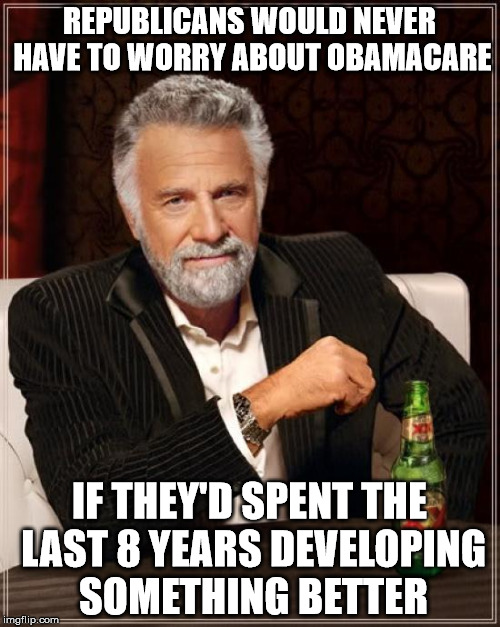The Most Interesting Man In The World Meme | REPUBLICANS WOULD NEVER HAVE TO WORRY ABOUT OBAMACARE IF THEY'D SPENT THE LAST 8 YEARS DEVELOPING SOMETHING BETTER | image tagged in memes,the most interesting man in the world | made w/ Imgflip meme maker