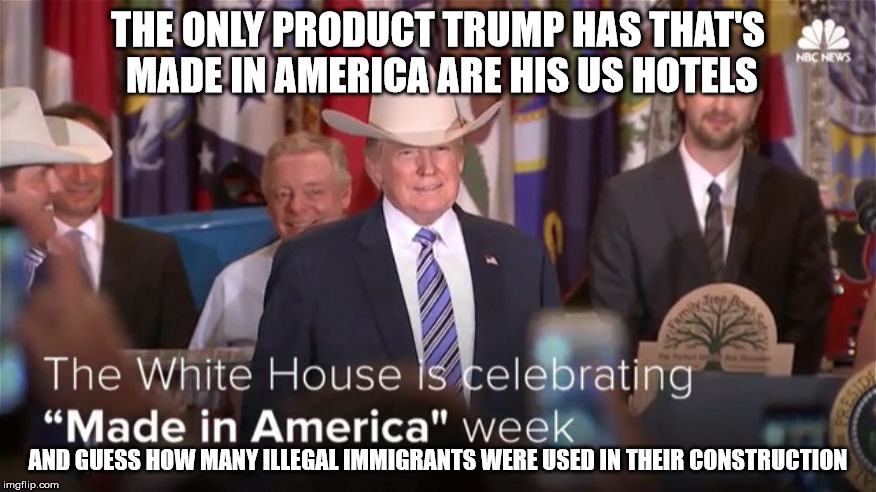 Go shopping at Trump Tower and see how many American made products they handle | THE ONLY PRODUCT TRUMP HAS THAT'S MADE IN AMERICA ARE HIS US HOTELS; AND GUESS HOW MANY ILLEGAL IMMIGRANTS WERE USED IN THEIR CONSTRUCTION | image tagged in trump,made in america | made w/ Imgflip meme maker
