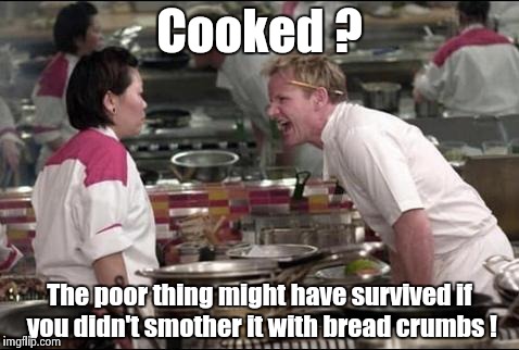 I think we found Nemo | Cooked ? The poor thing might have survived if you didn't smother it with bread crumbs ! | image tagged in memes,angry chef gordon ramsay,fish,sushi | made w/ Imgflip meme maker