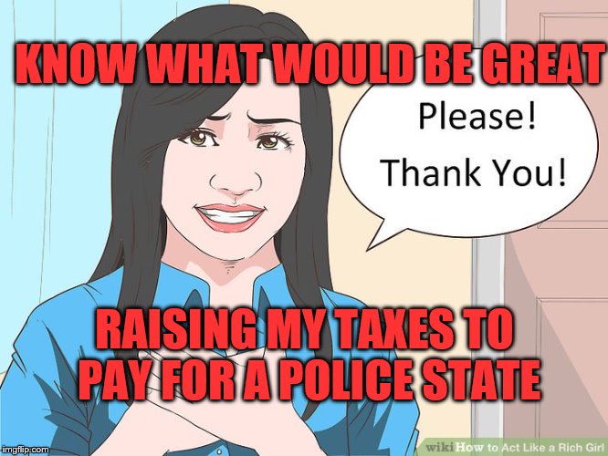 I Love To Buy Cops Stuff! | KNOW WHAT WOULD BE GREAT; RAISING MY TAXES TO PAY FOR A POLICE STATE | image tagged in police brutality,police state,politics,political meme,memes,funny | made w/ Imgflip meme maker