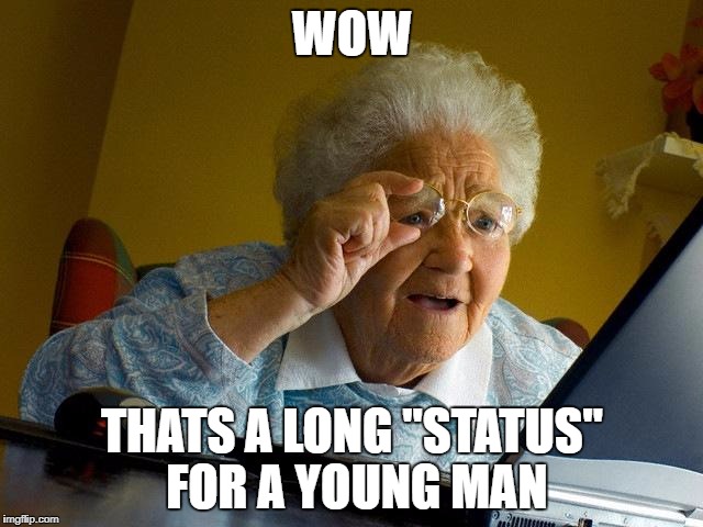 Grandma Finds The Internet Meme | WOW; THATS A LONG "STATUS" FOR A YOUNG MAN | image tagged in memes,grandma finds the internet | made w/ Imgflip meme maker