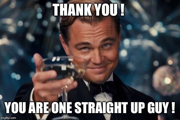 Leonardo Dicaprio Cheers Meme | THANK YOU ! YOU ARE ONE STRAIGHT UP GUY ! | image tagged in memes,leonardo dicaprio cheers | made w/ Imgflip meme maker