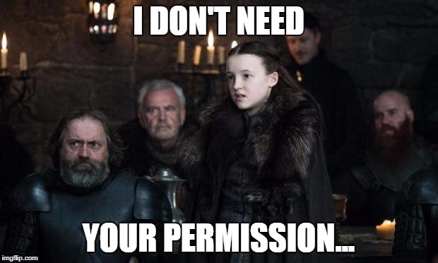 Lyanna Mormont needs no one's permission... | I DON'T NEED; YOUR PERMISSION... | image tagged in game of thrones,lyanna mormont | made w/ Imgflip meme maker