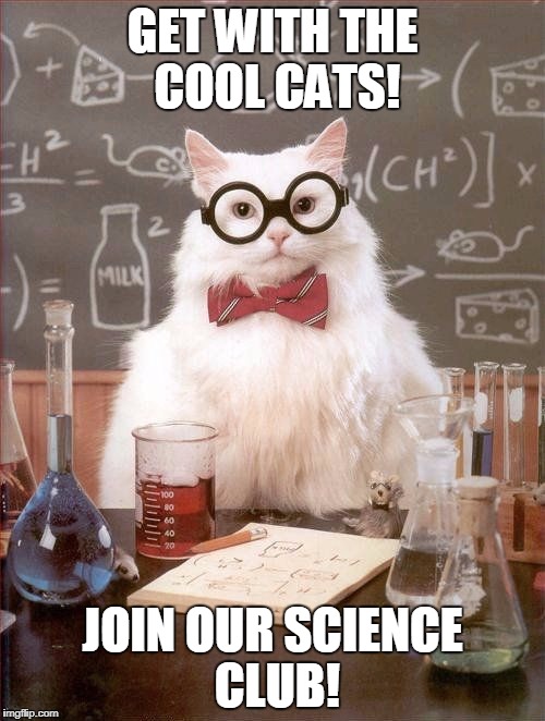Science cat | GET WITH THE COOL CATS! JOIN OUR SCIENCE CLUB! | image tagged in science cat | made w/ Imgflip meme maker