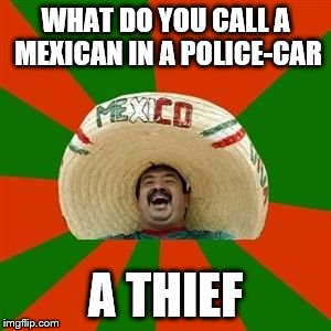 succesful mexican | WHAT DO YOU CALL A MEXICAN IN A POLICE-CAR; A THIEF | image tagged in succesful mexican | made w/ Imgflip meme maker