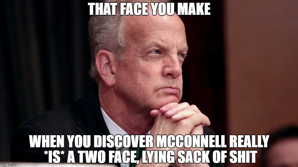 THAT FACE YOU MAKE; WHEN YOU DISCOVER MCCONNELL REALLY *IS* A TWO FACE, LYING SACK OF SHIT | image tagged in senator moran | made w/ Imgflip meme maker